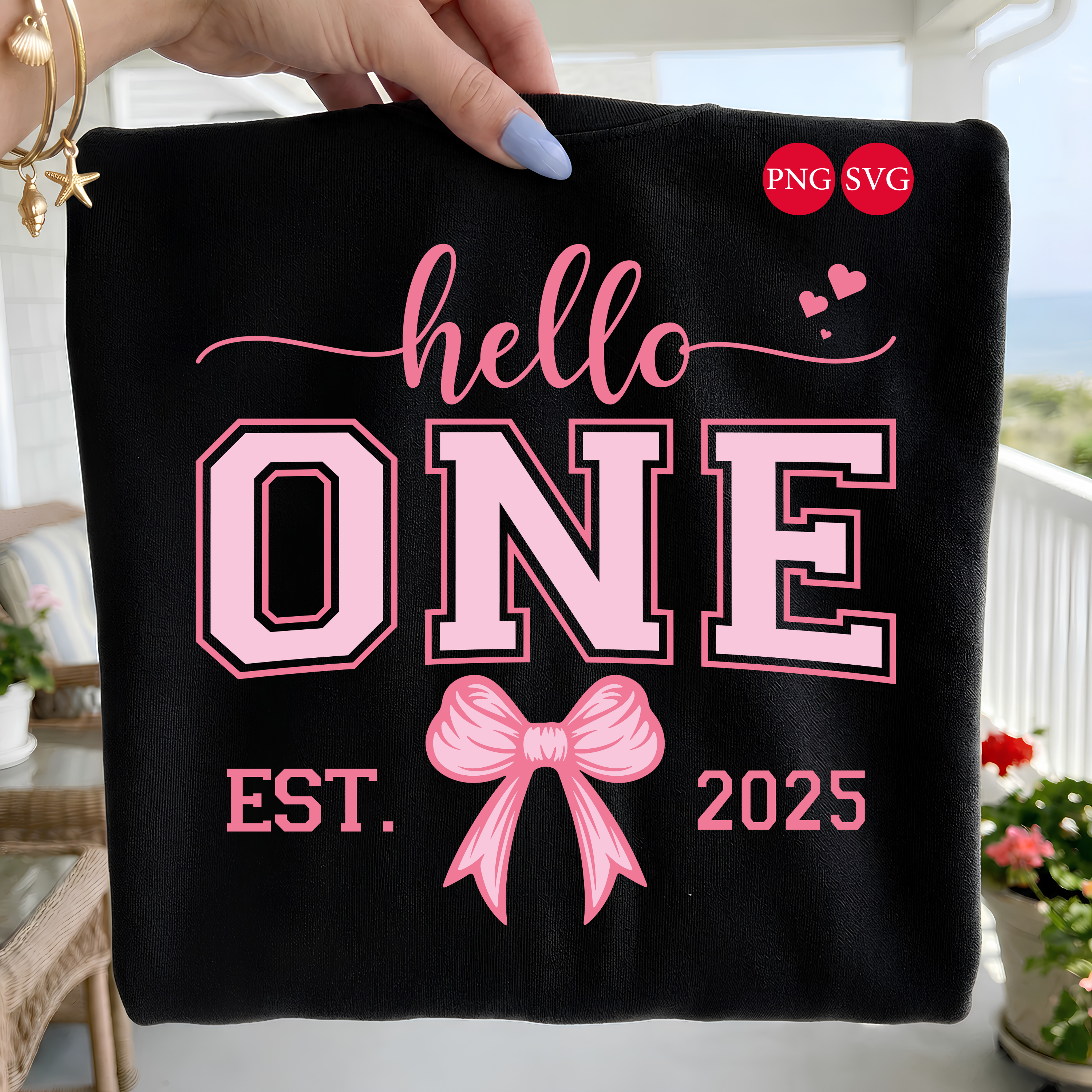 Hello One Birthday Girl PNG SVG: Pink Bow Design (Digital Download)