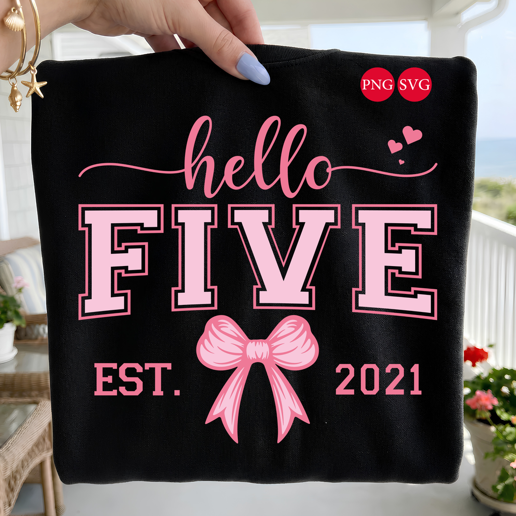 Hello Five Birthday Girl SVG PNG Bundle: Pink Bow, 5th Birthday (Digital Download)