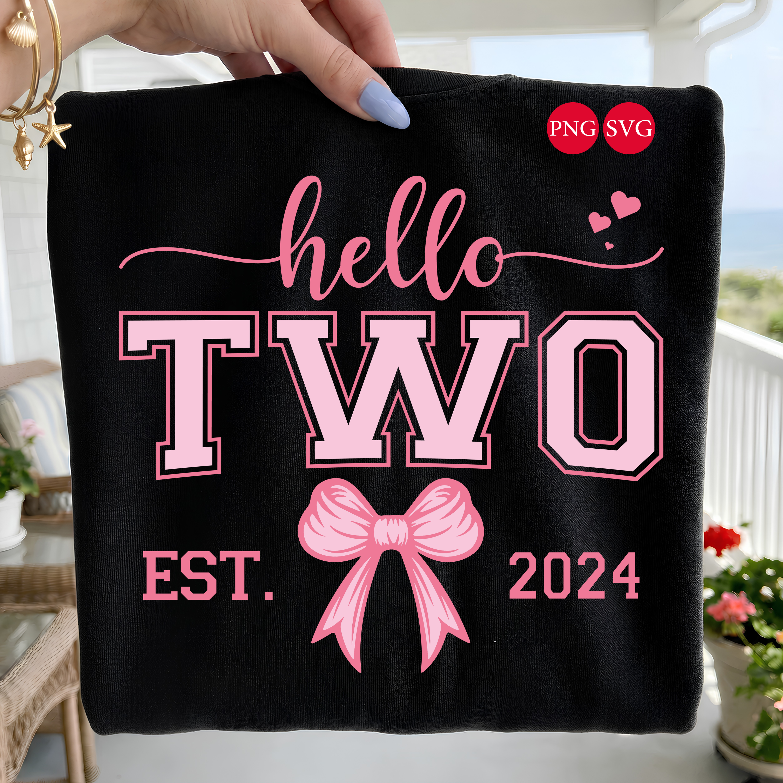 Hello Two 2nd Birthday PNG SVG Bundle: Pink Bow Design (Digital Download)