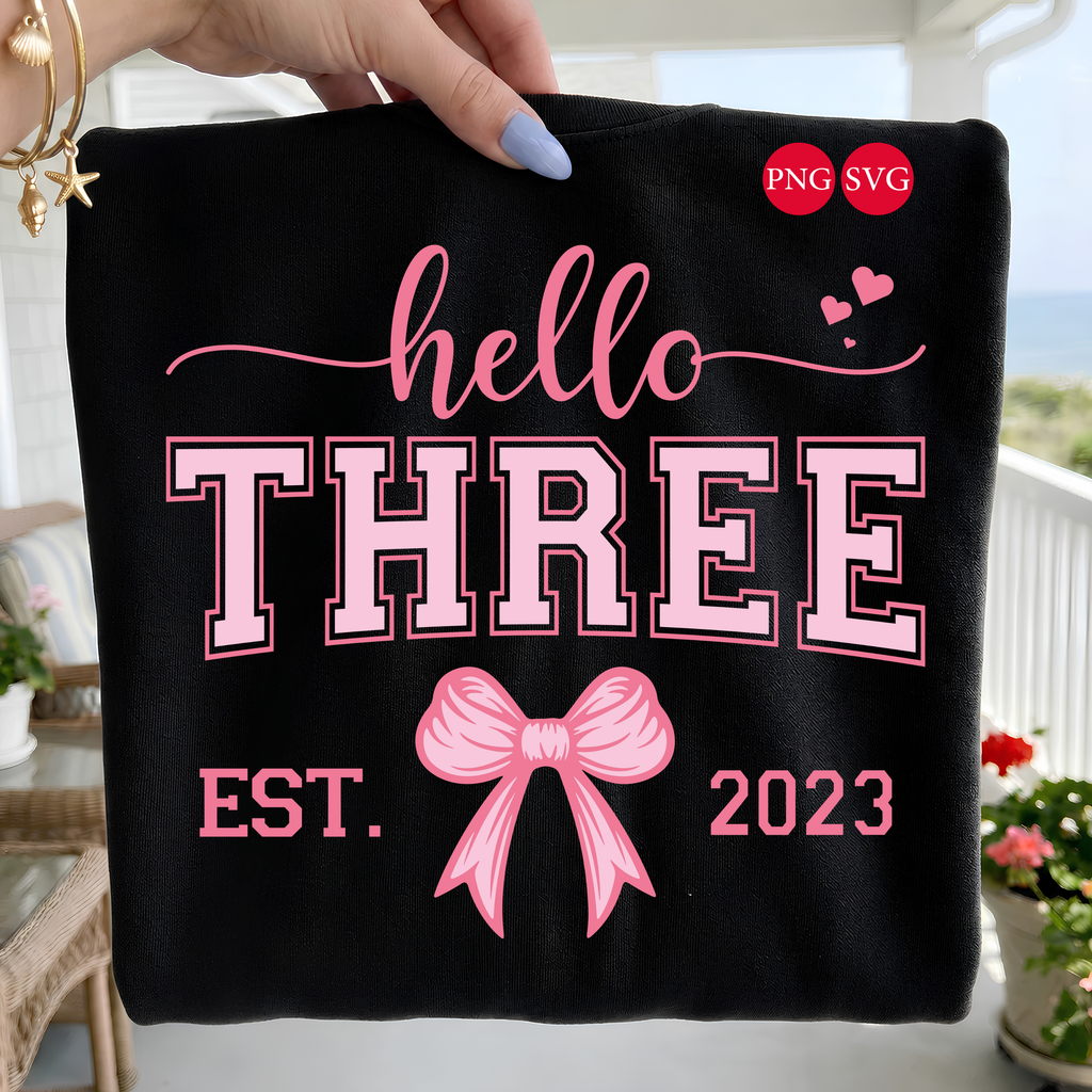Hello Three Birthday Girl Design: Pink Bow SVG PNG Bundle (Digital Download)