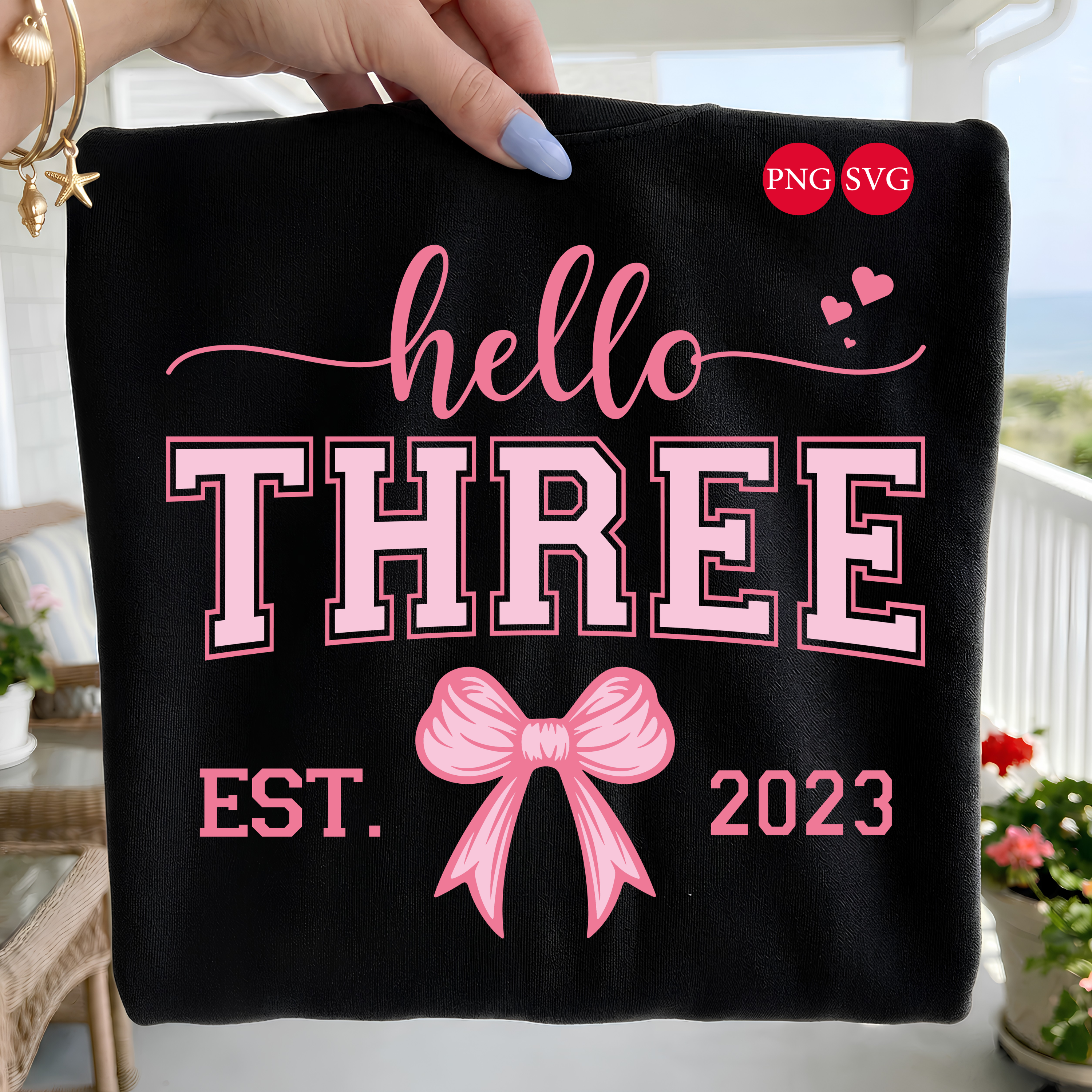 Hello Three Birthday Girl Design: Pink Bow SVG PNG Bundle (Digital Download)