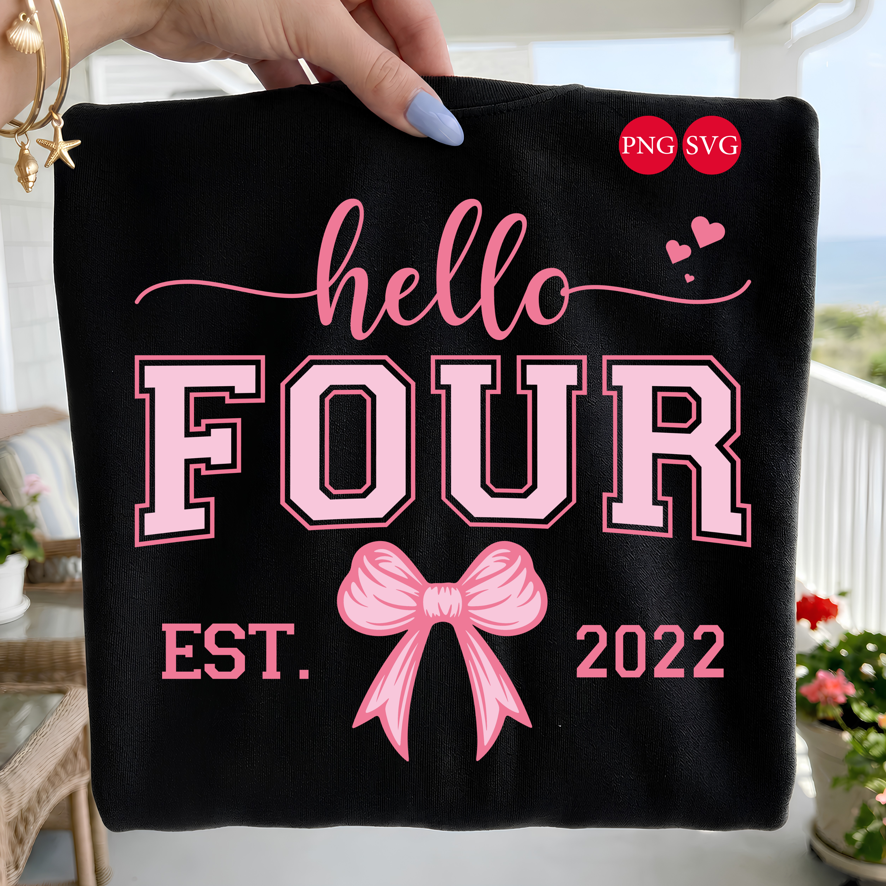 Hello Four Birthday Girl PNG SVG Bundle: Pink Bow Design (Digital Download)