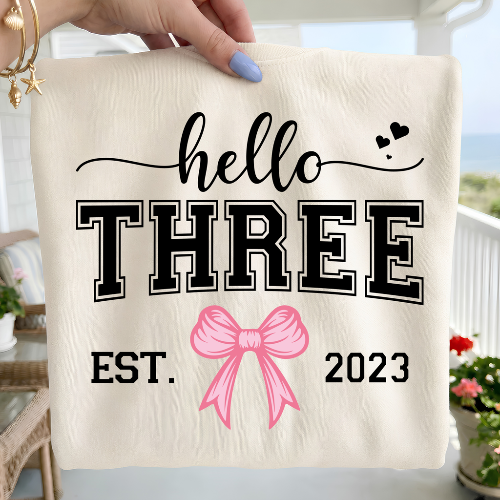 Hello Three Birthday Girl Design: Pink Bow SVG PNG Bundle (Digital Download)