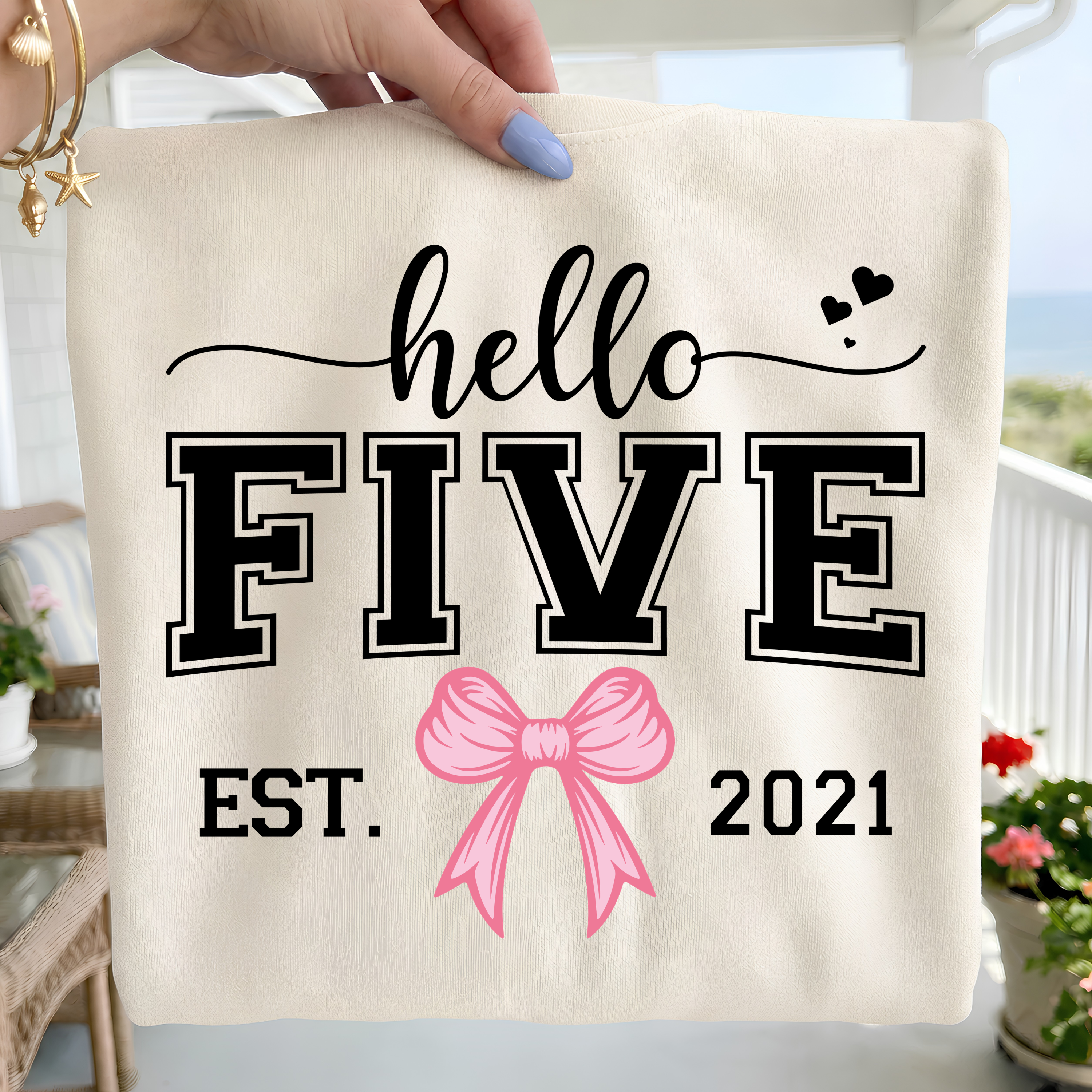 Hello Five Birthday Girl SVG PNG Bundle: Pink Bow, 5th Birthday (Digital Download)