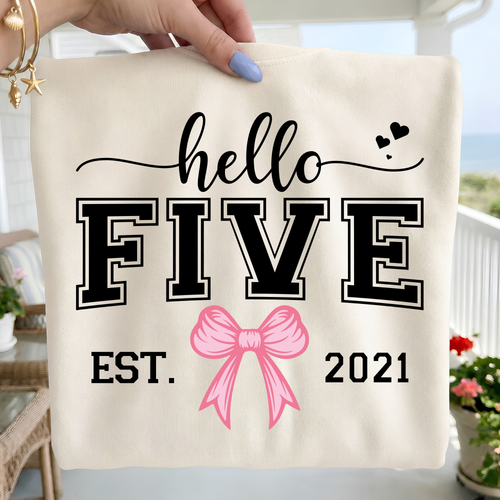 Hello Five Birthday Girl SVG PNG Bundle: Pink Bow, 5th Birthday (Digital Download)