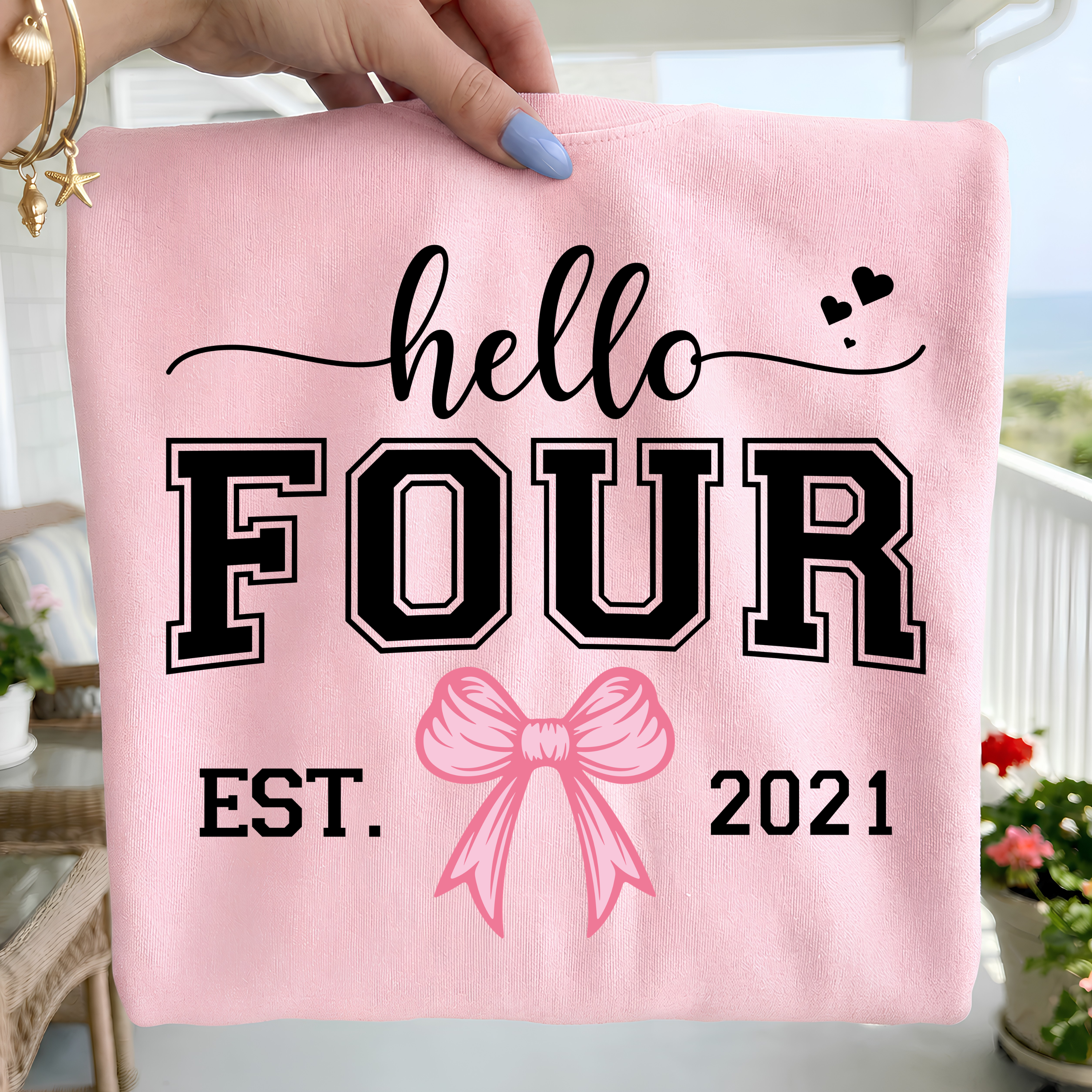 Hello Four Birthday Girl PNG SVG Bundle: Pink Bow Design (Digital Download)