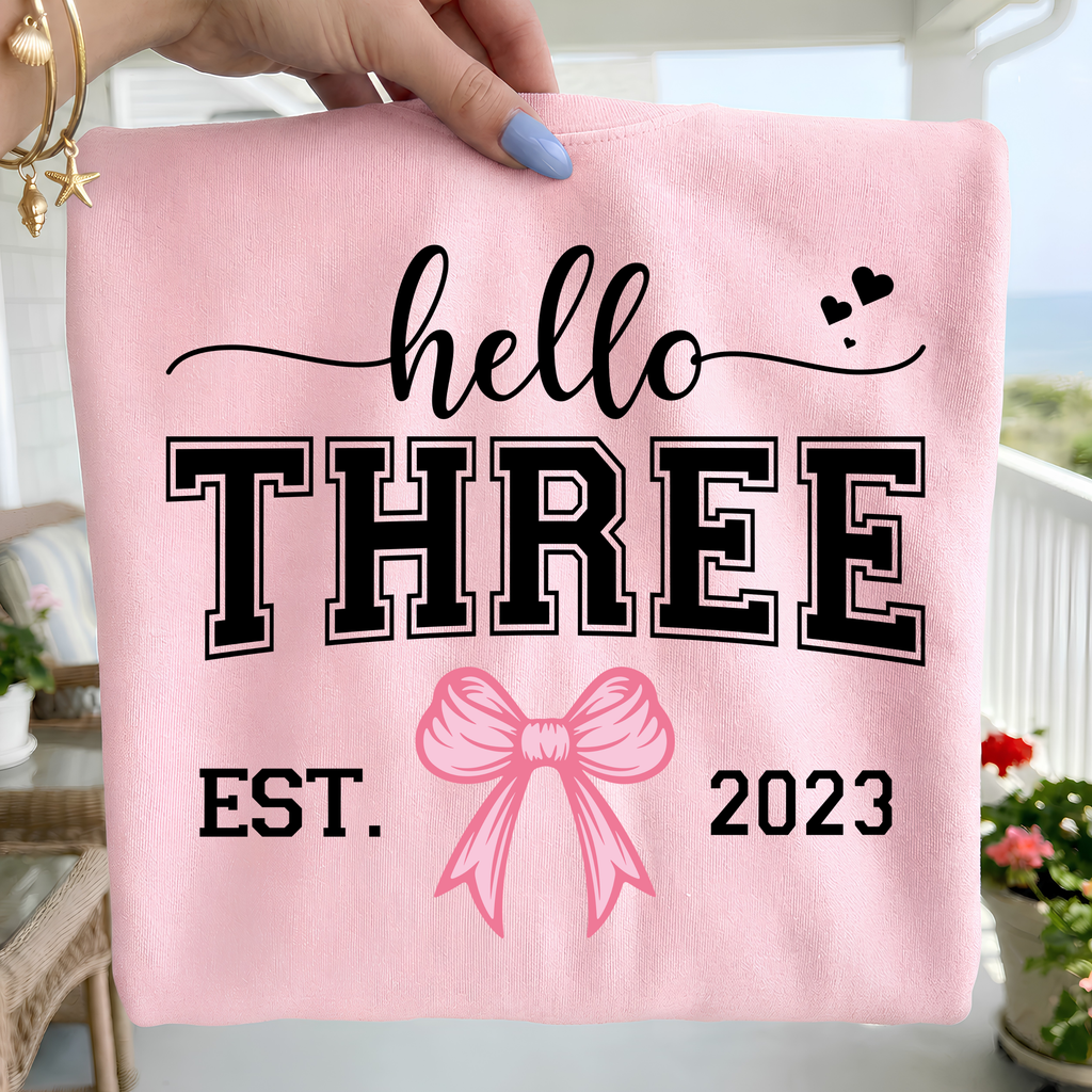Hello Three Birthday Girl Design: Pink Bow SVG PNG Bundle (Digital Download)
