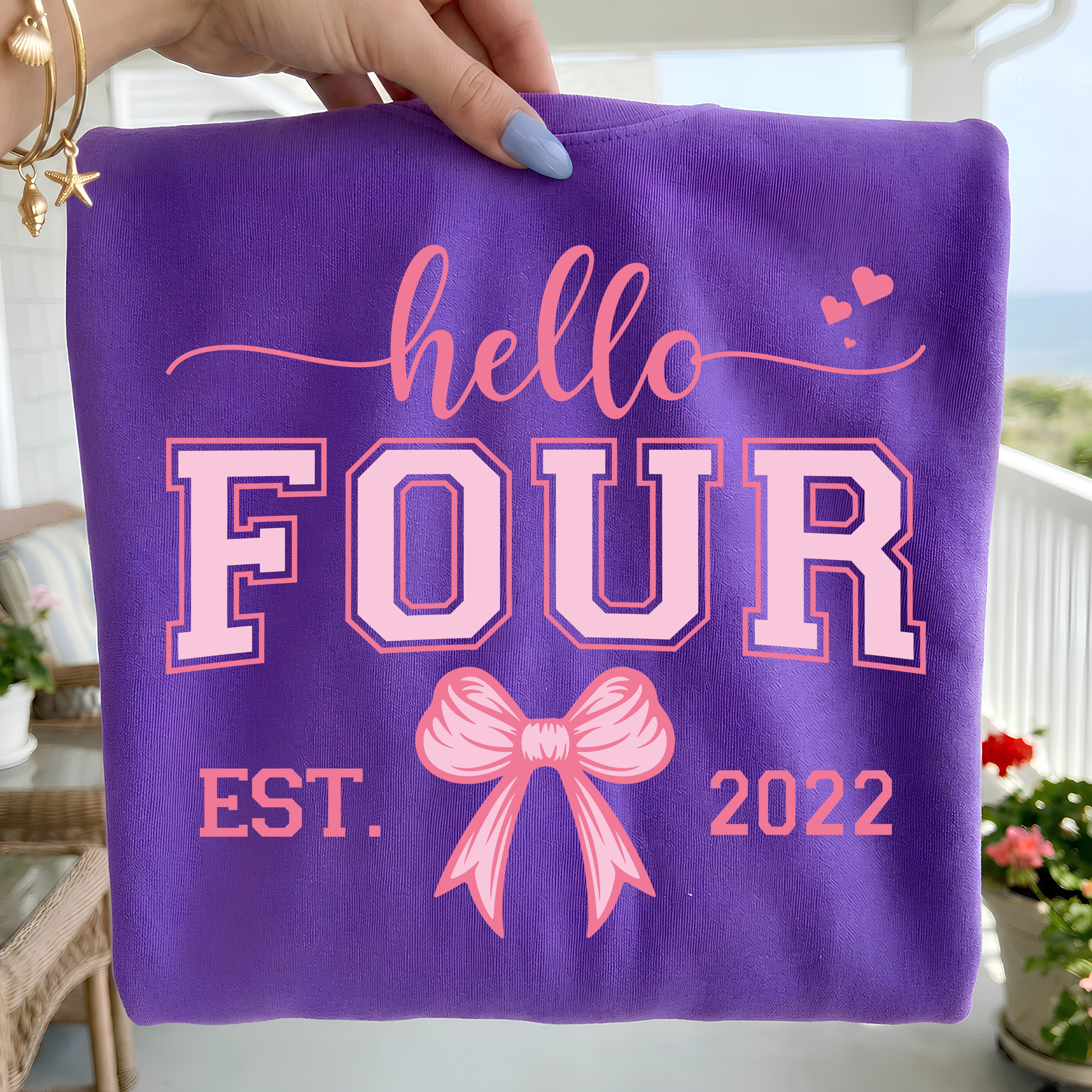 Hello Four Birthday Girl PNG SVG Bundle: Pink Bow Design (Digital Download)