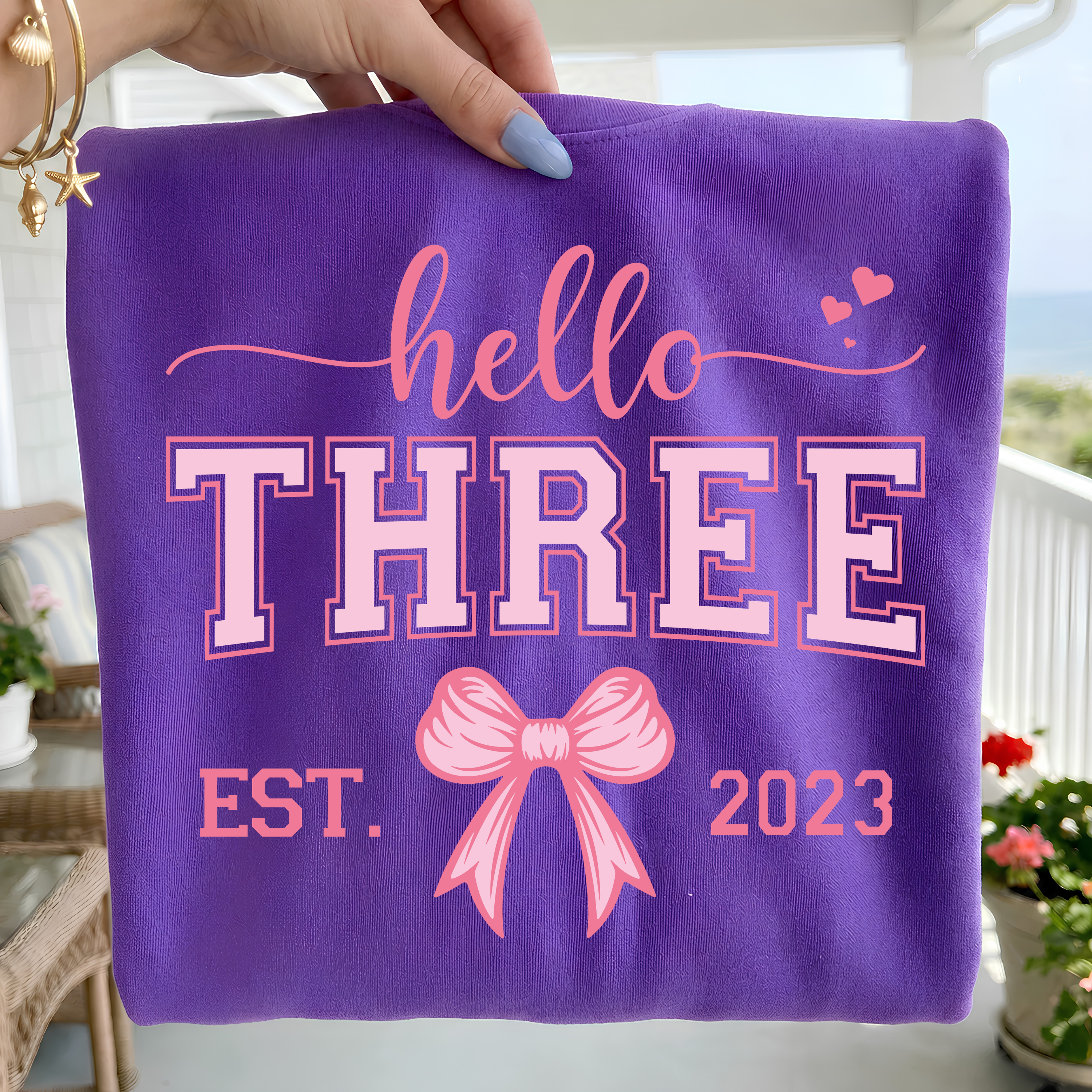Hello Three Birthday Girl Design: Pink Bow SVG PNG Bundle (Digital Download)